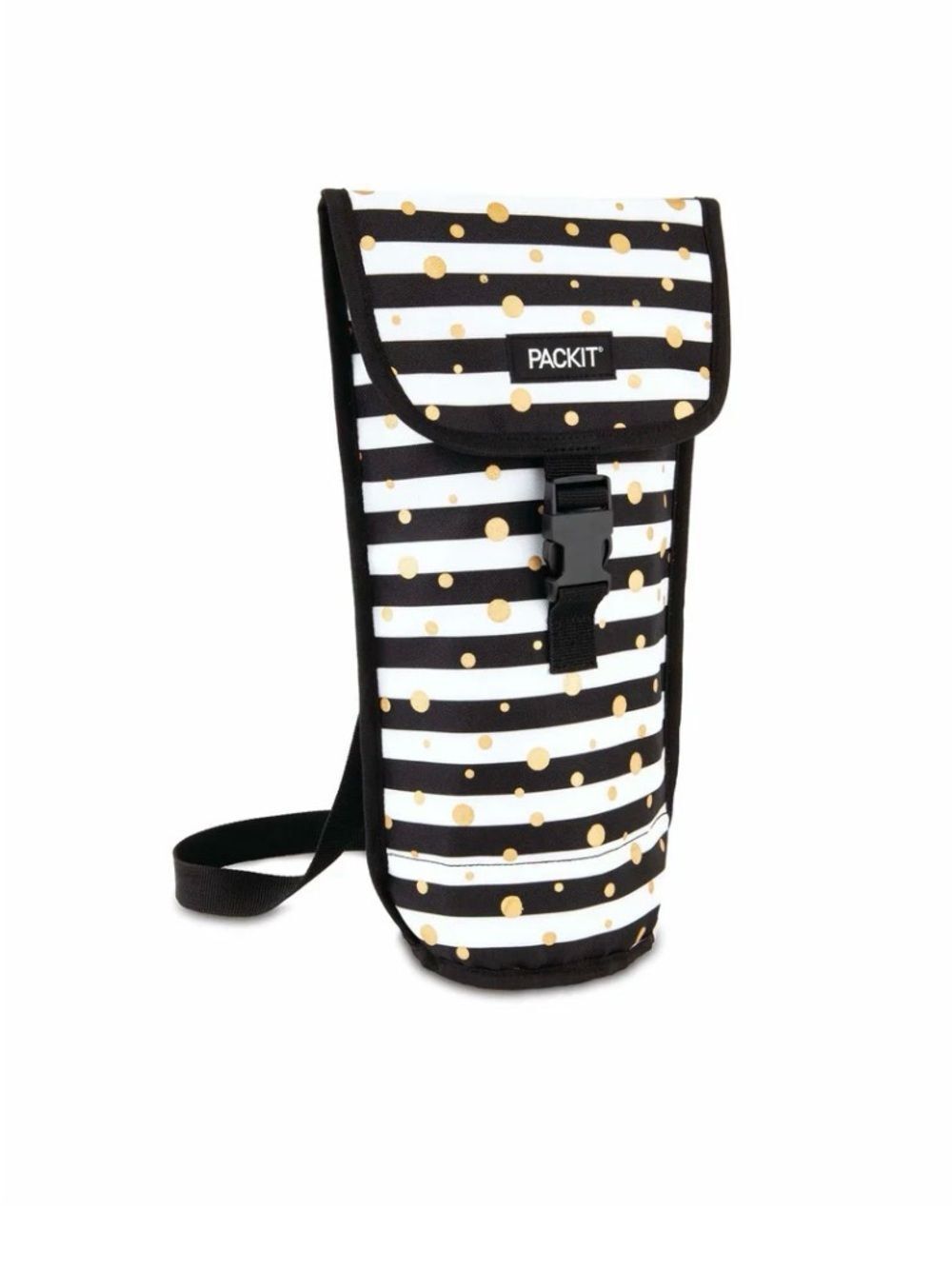 PackIt Insulated Wine Tote — Black & White Stripe with Gold Dots